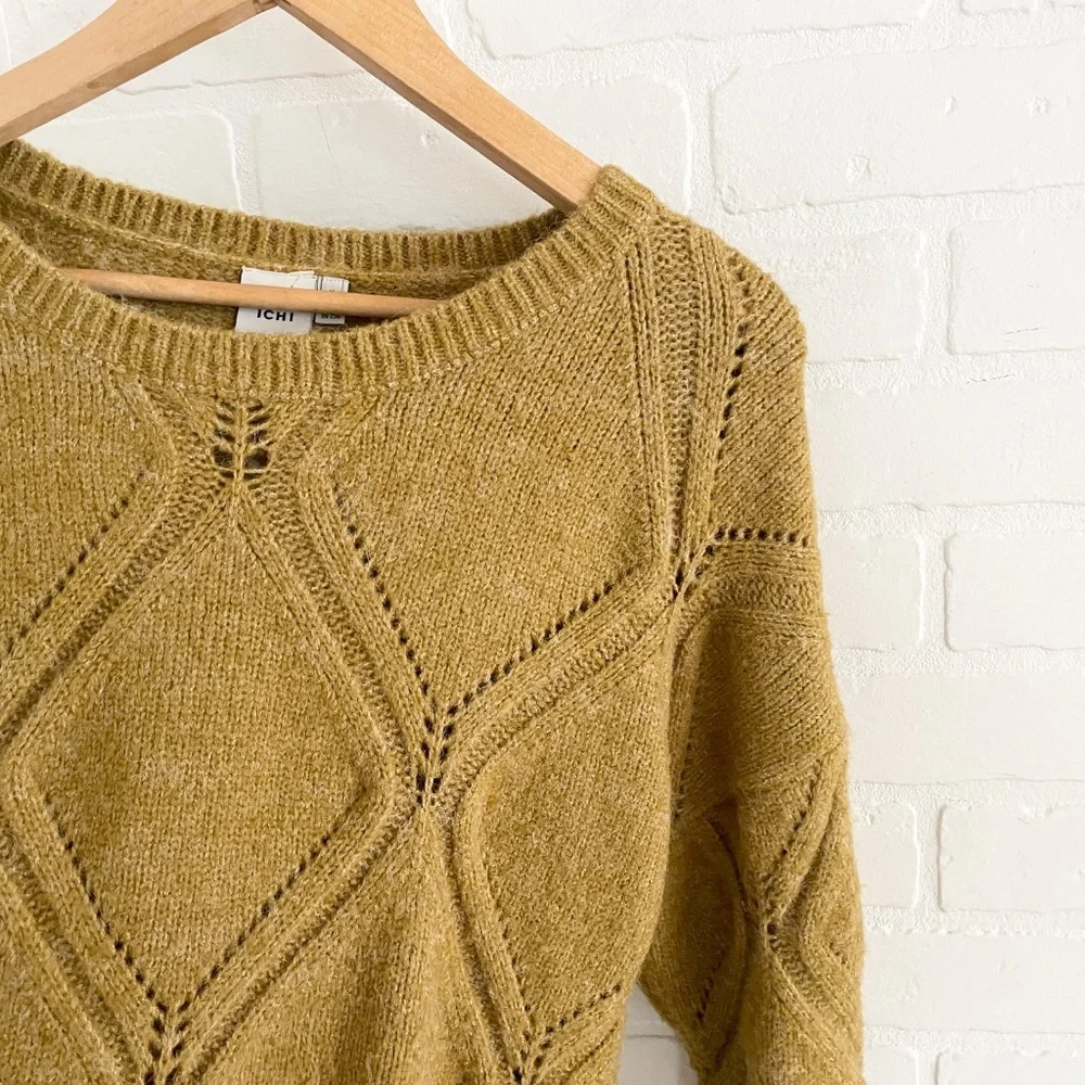 Anthropologie X ICHI Diamond Cable Knit Sweater Chunky Oversized Mustard Sz M - Picture 3 of 14